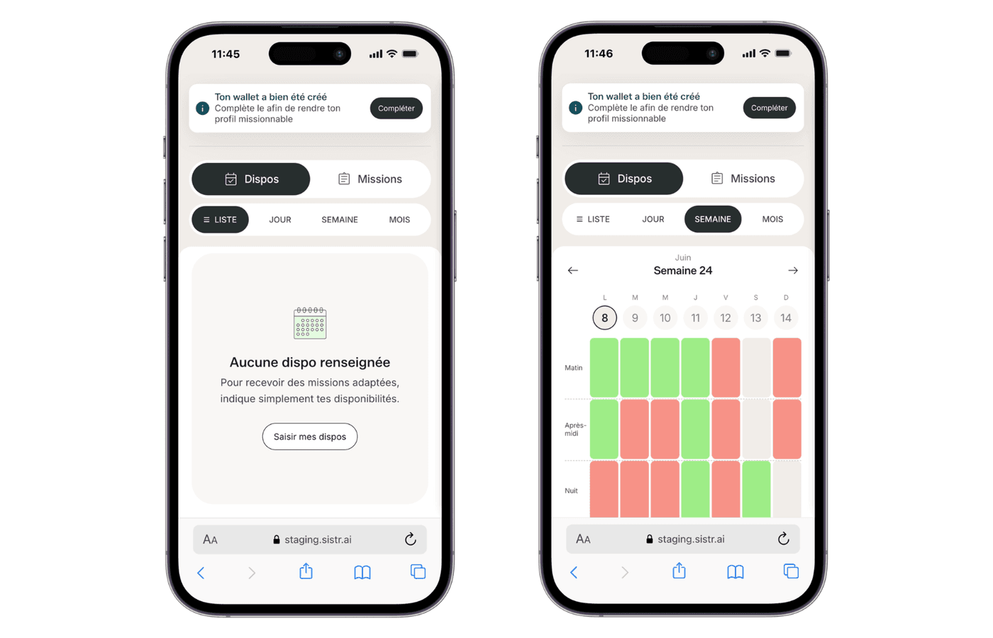 Calendrier de disponibilités de l'application Sistr