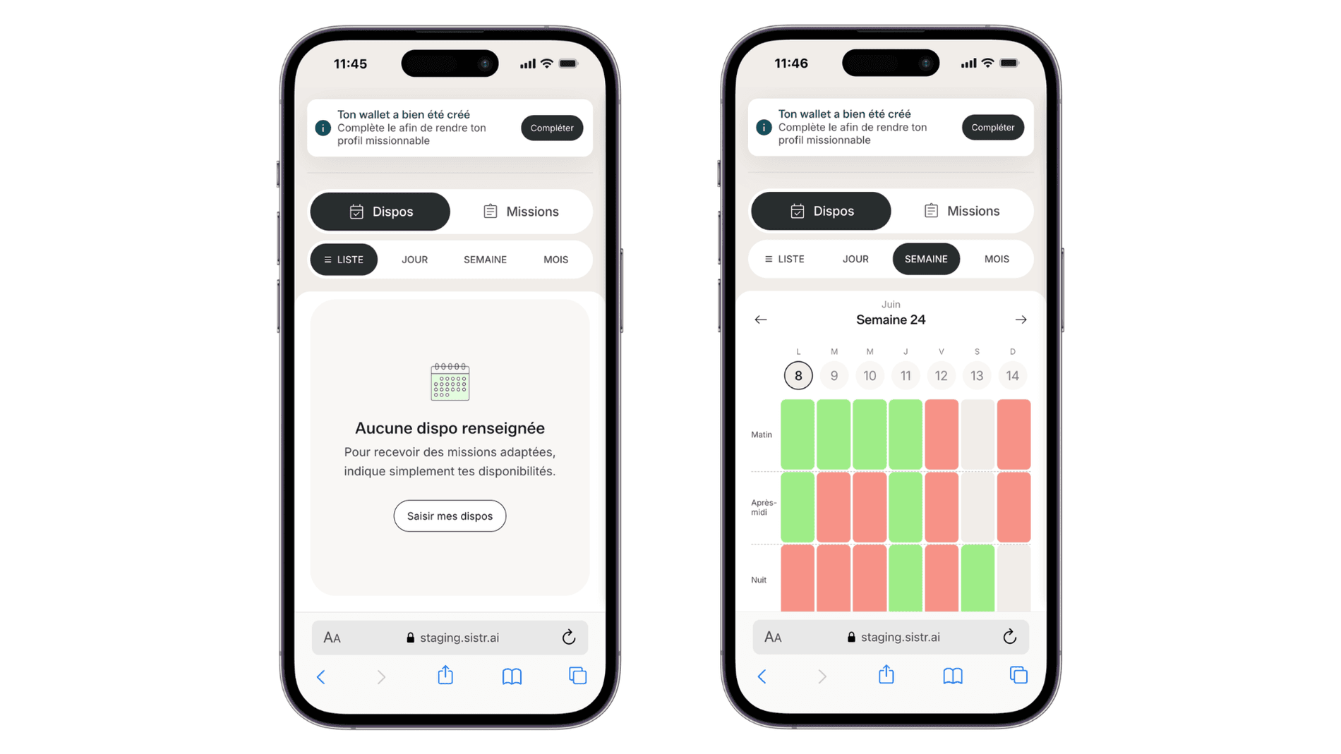 Calendrier de disponibilités de l'application Sistr