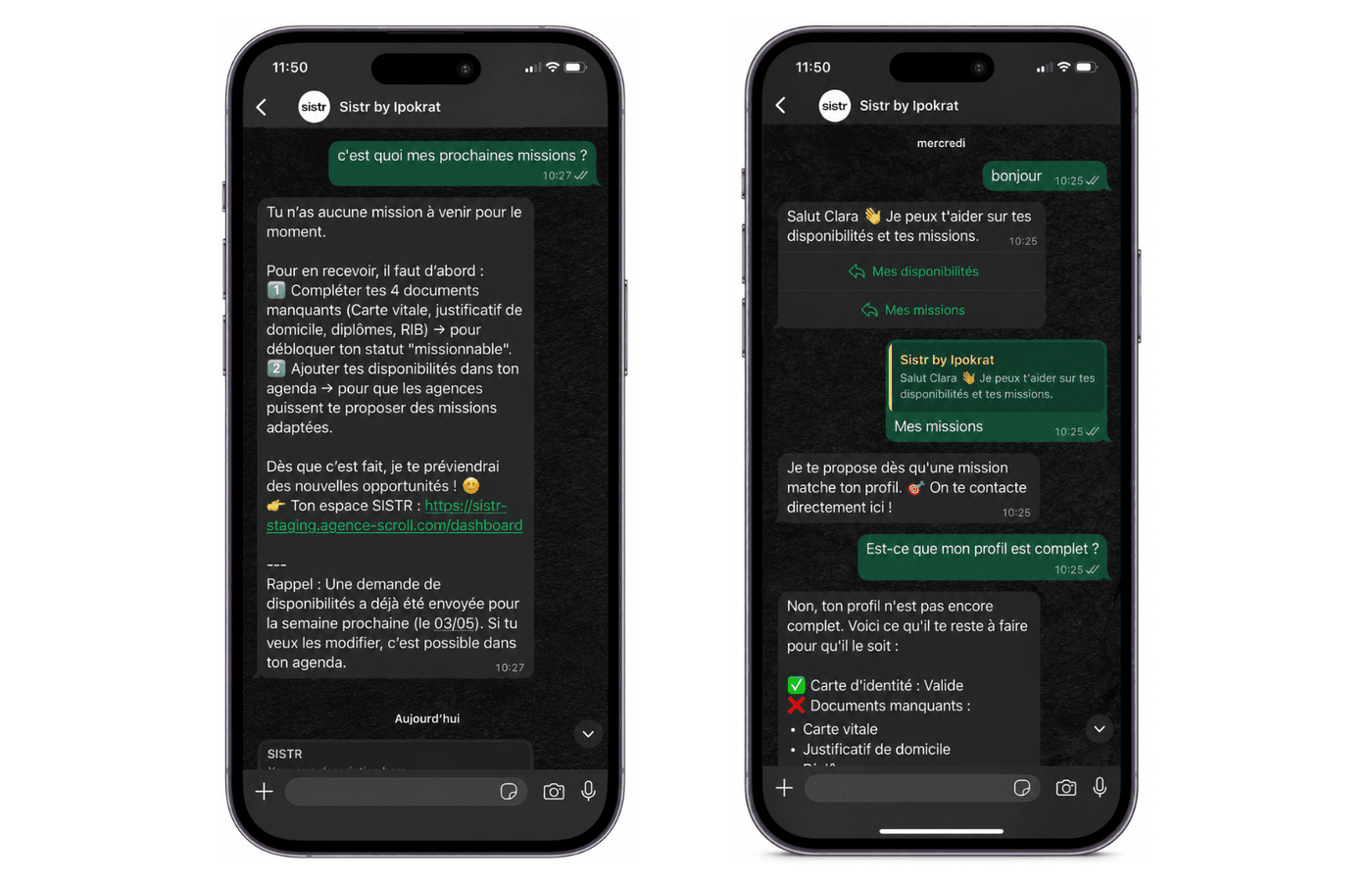 Messages entre l'application Sistr et un intérimaire