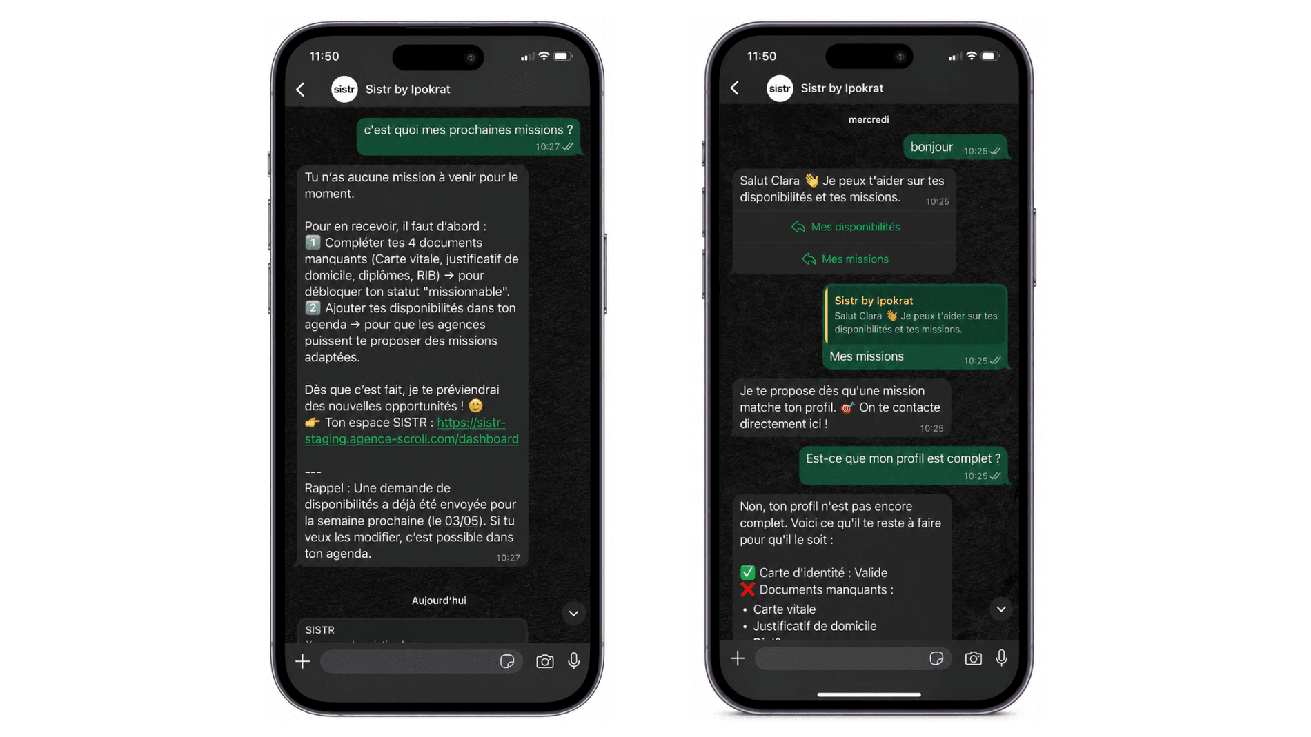 Messages entre l'application Sistr et un intérimaire